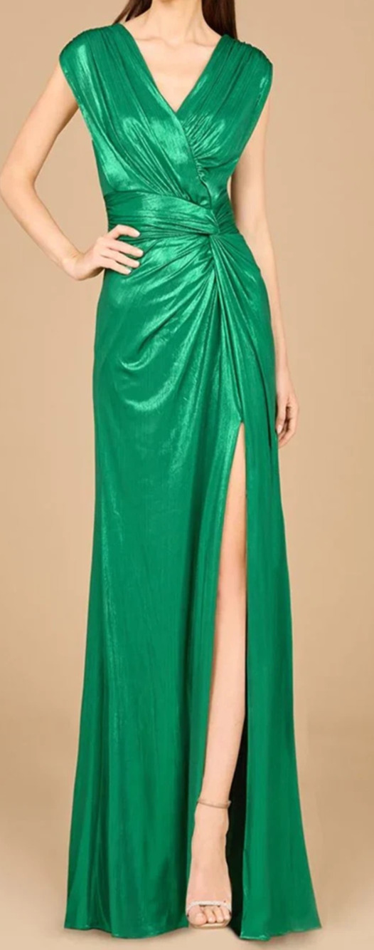 Lara New York 29124 Long Evening Dress Fitted Metallic Green w/Slit Size 18 NWT